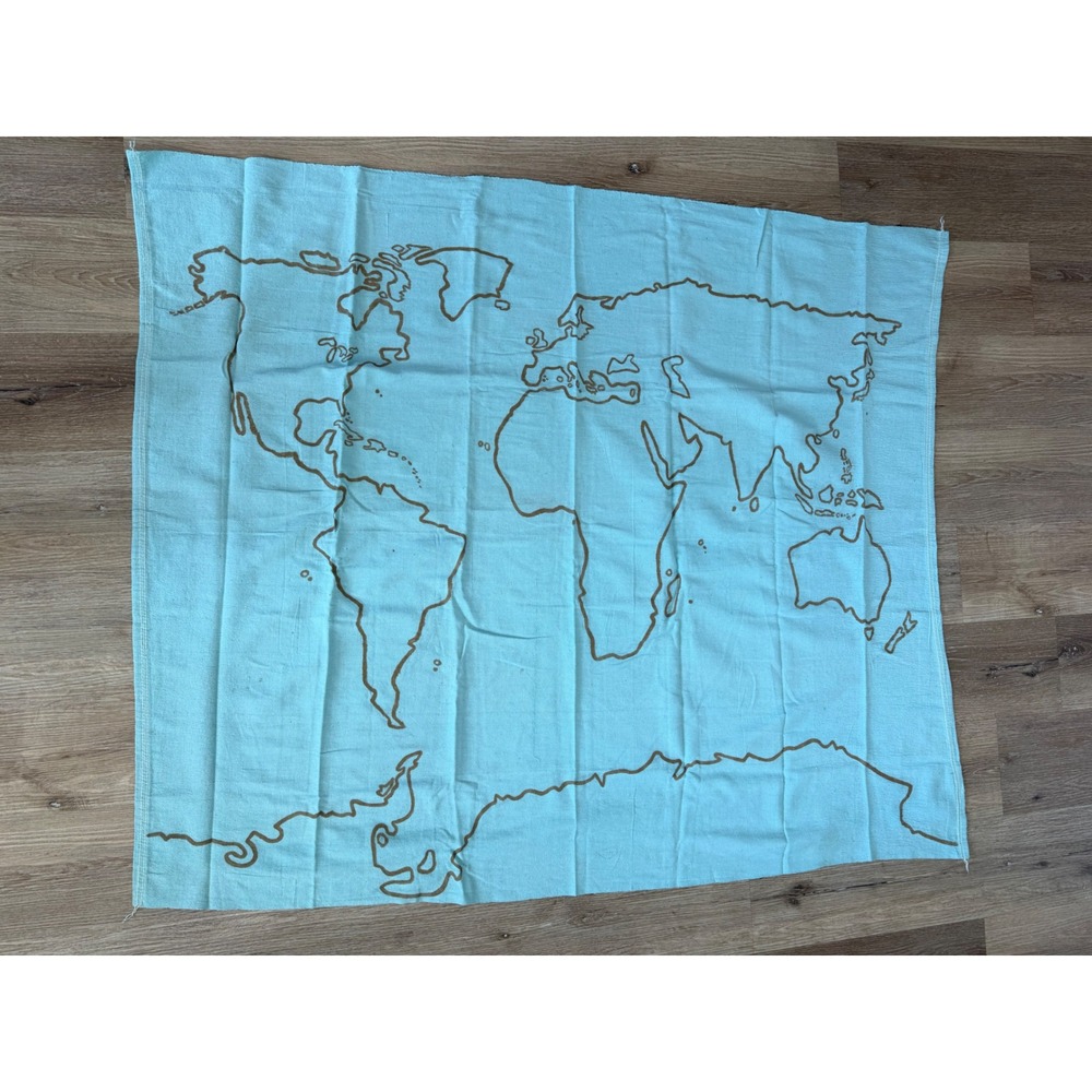 Boho Earthy World Map Tapestry Wall Hanging Blue Brown Large Textile Art 56x46